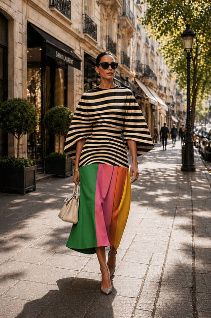 Delaney | Stripe Colorblock Statement Midi Dress