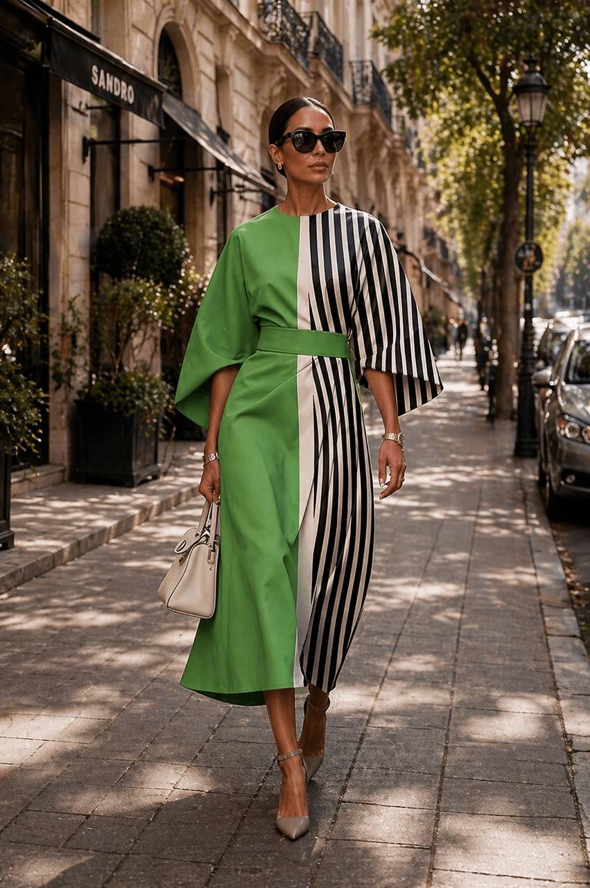 Drew | Split Contrast Stripe Midi Dress