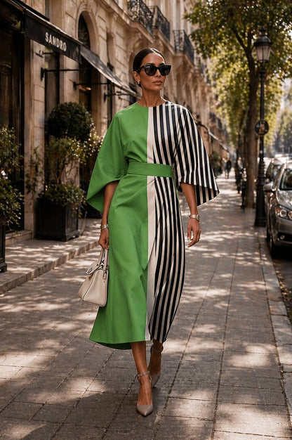 Drew | Split Contrast Stripe Midi Dress