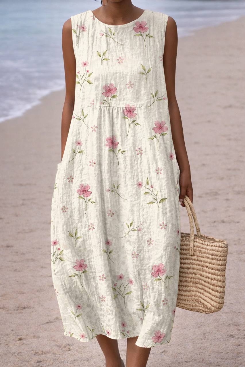 Rebecca | Soft Blossom Print Sleeveless Midi Dress